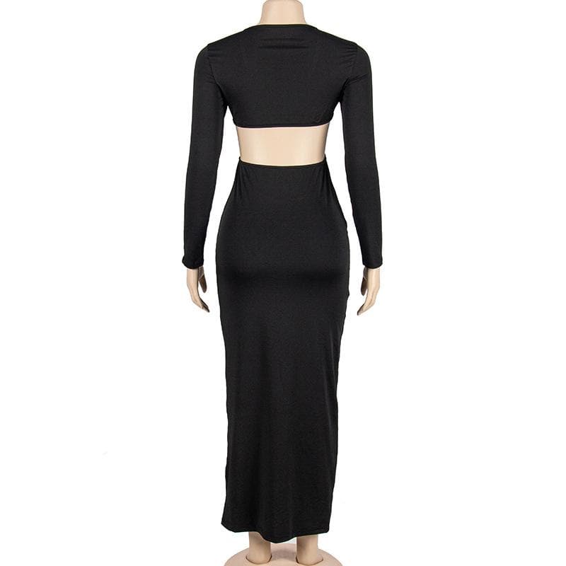 O-Ring Waist Cutout Deep V-Neck Long Sleeve Maxi Dress 4