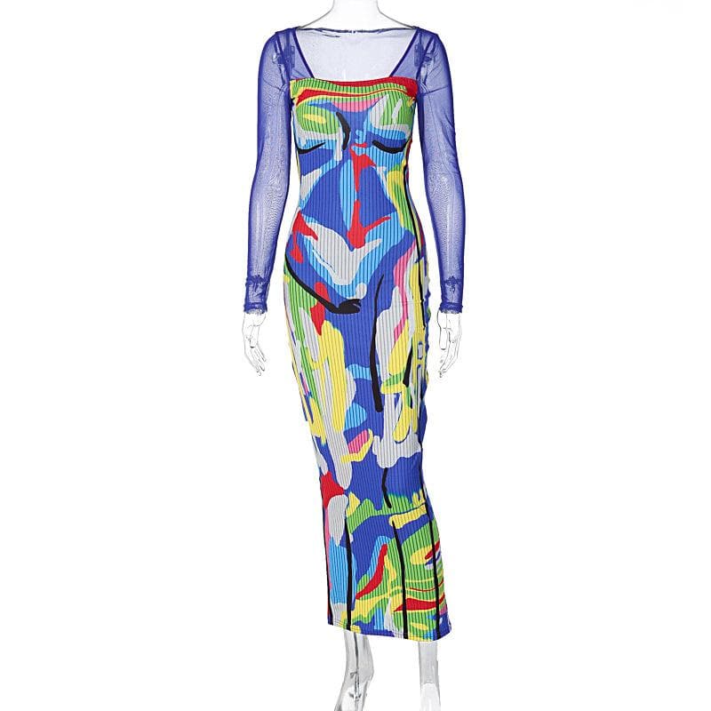 Square Neck Long Sleeve Abstract Face Print Mesh Sleeve Bodycon Maxi Dress 3