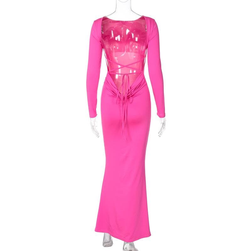 Crew Neck Long Sleeve Lace-Up Back Bodycon Mermaid Hem Maxi Dress 7