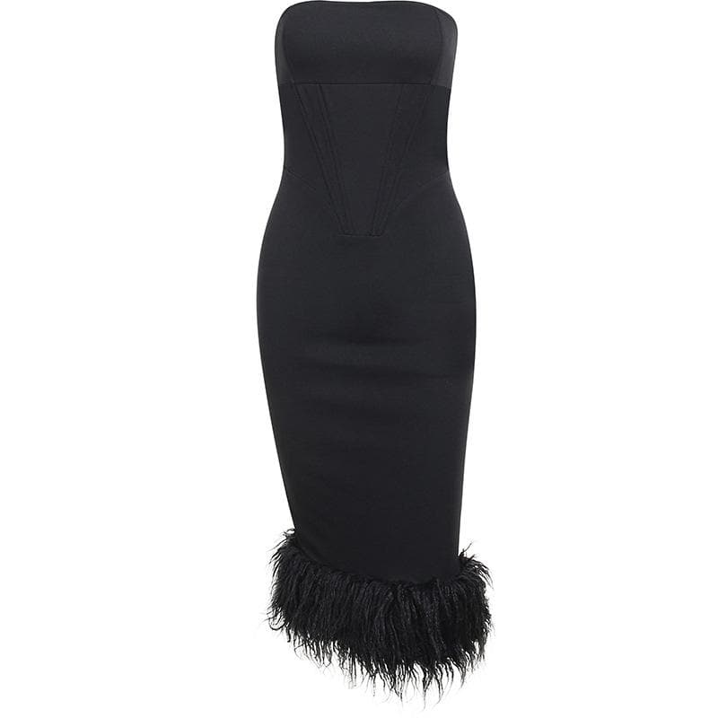 Strapless Glitter Knit Feather Trim Tube Midi Dress 2