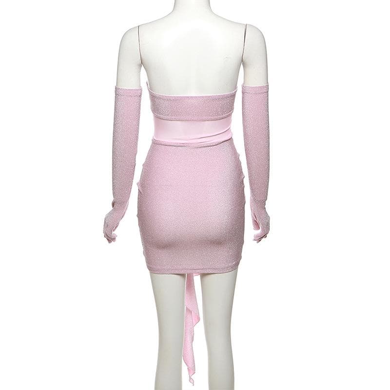 Strapless Glitter Mesh Flower Applique Ruched Ruffle Hem Tube Mini Dress with Opera Gloves 4