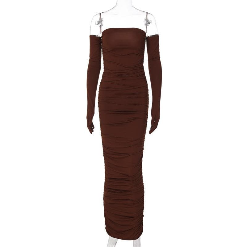 Strapless Ruched Bodycon Midi Dress with Matching Opera Gloves 7