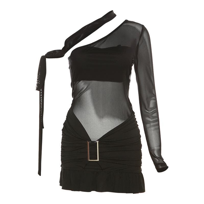 One Shoulder Mesh Bodice Metal Buckle Ruched Low Rise Ruffle Hem Mini Dress 2