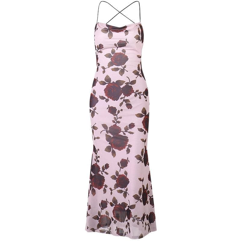 Cowl Neck Criss Cross Strap Floral Mermaid Maxi Gown