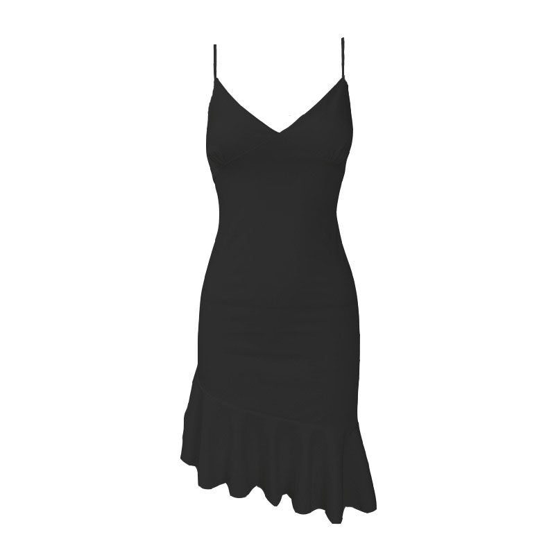 V Neck Spaghetti Strap Asymmetric Ruffle Hem Bodycon Mini Dress