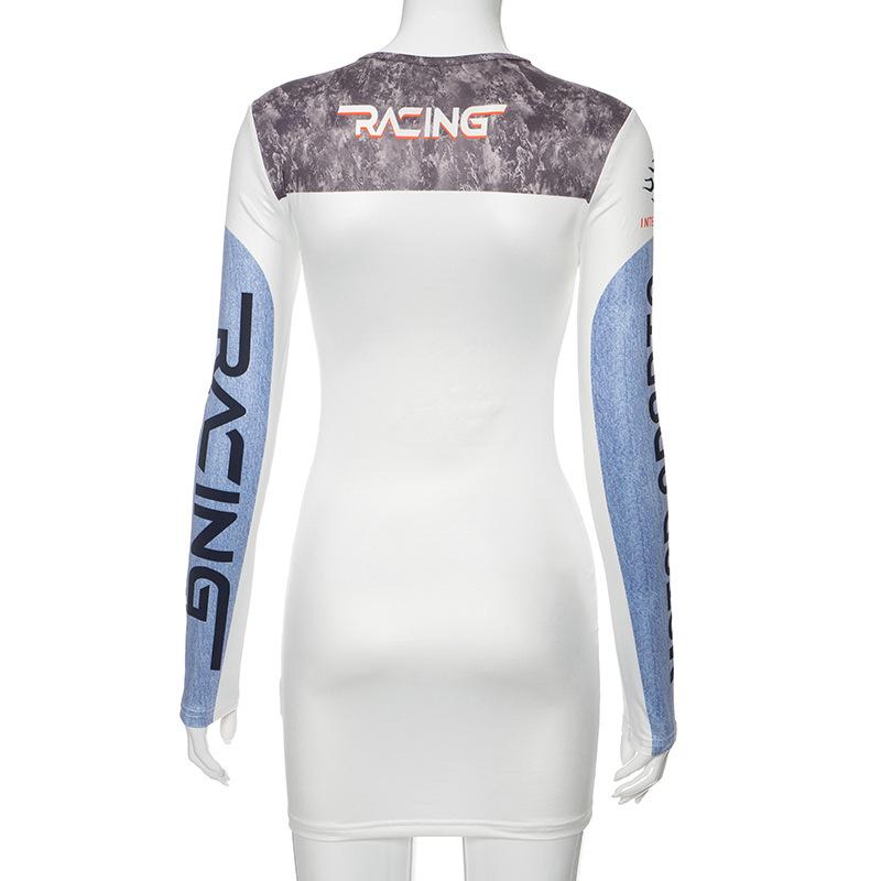 Motorsport Print Long Sleeve Crew Neck Patchwork Bodycon Mini Dress 4