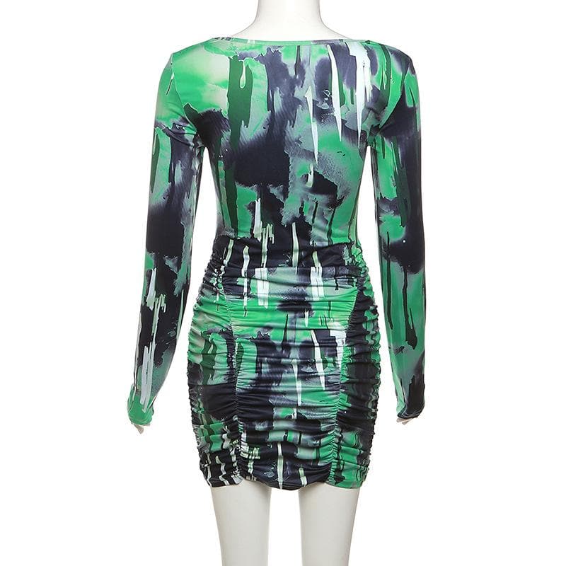 Abstract Print Long Sleeve Square Neck Sweetheart Ruched Bodycon Mini Dress 4