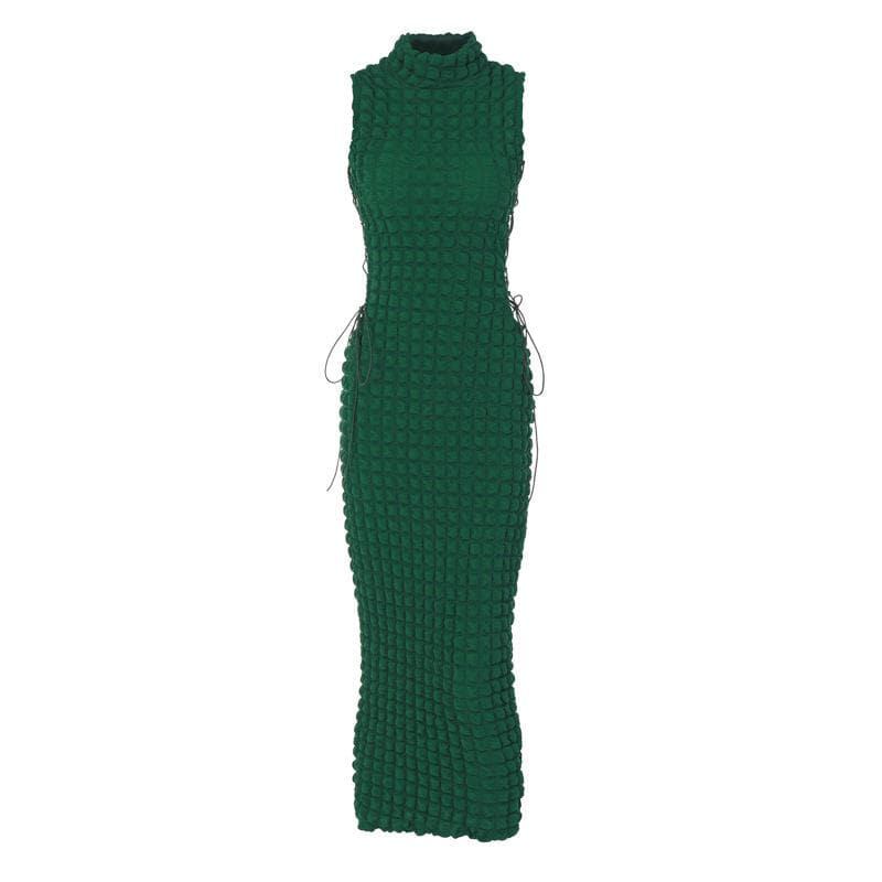 Mock Neck Waffle Texture Lace Up Side Cutout Maxi Dress