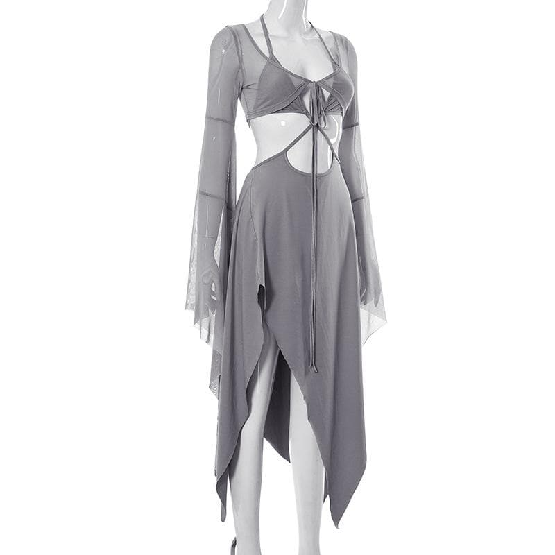 Halter Keyhole Self Tie Bell Sleeve Shrug Cutout Side Slit Handkerchief Hem Midi Dress 5