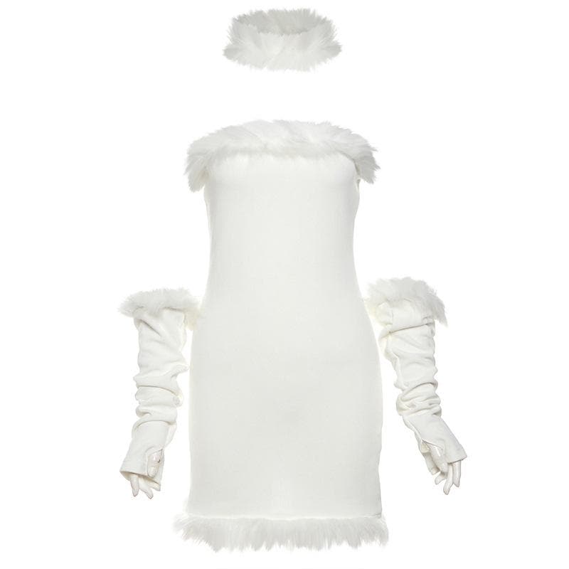 Strapless Faux Fur Trim Rib Knit Detached Sleeve Tube Mini Dress 2