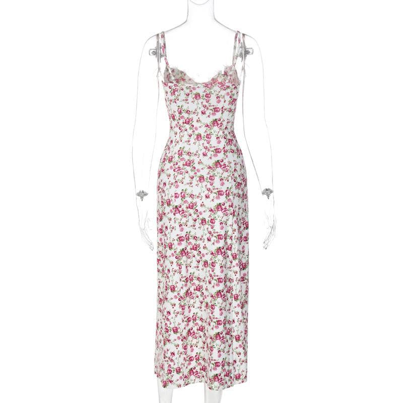 Sweetheart Neck Lace Trim Floral Print Side Slit Bodycon Midi Dress 5