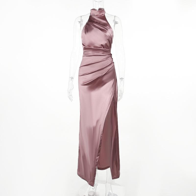 Ruched Satin Zip Up Halter Backless Slit Maxi Dress 2