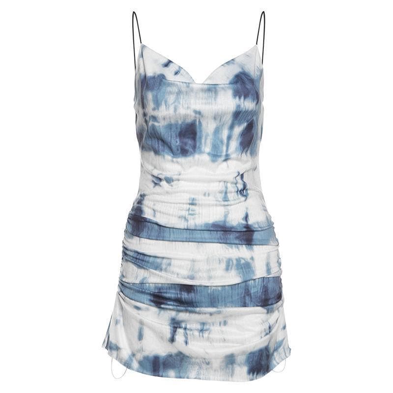 Cowl Neck Spaghetti Strap Tie Dye Side Ruched Bodycon Mini Dress 2
