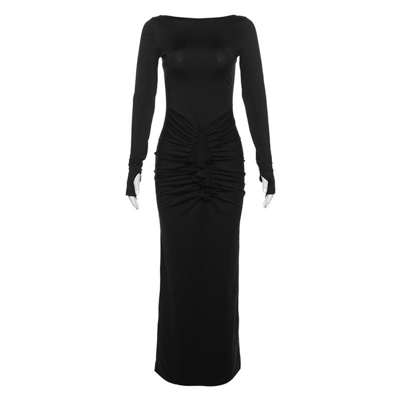 Boat Neck Ruched Thumbhole Long Sleeve Maxi Dress 2
