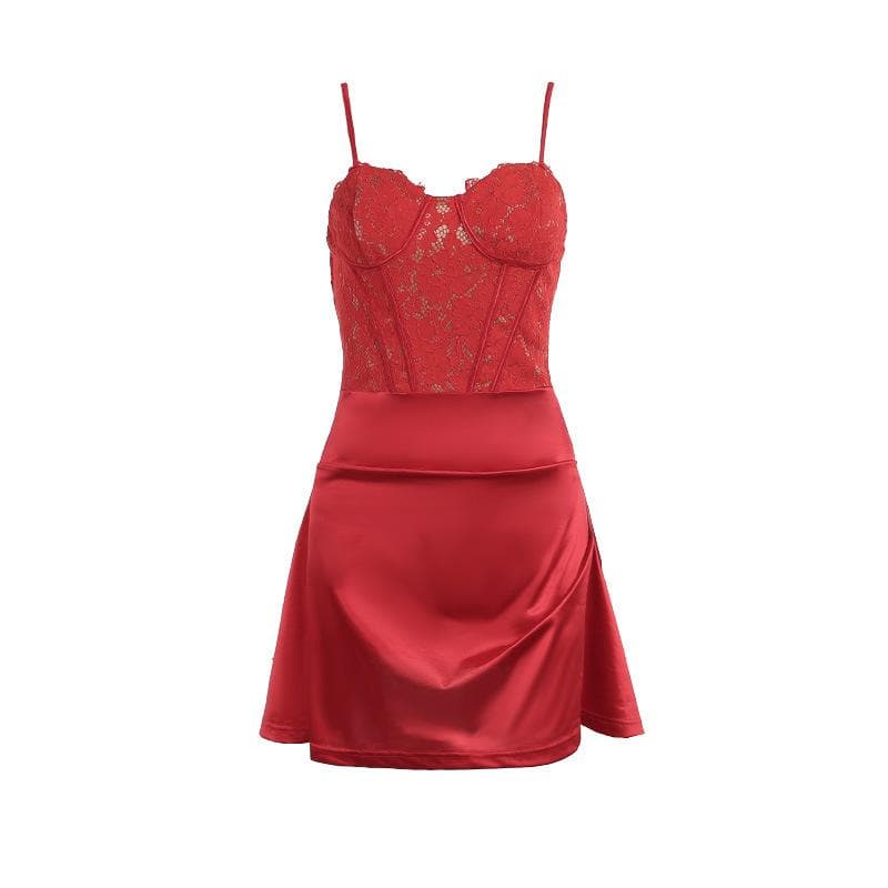 Lace Corset Bodice Sweetheart Spaghetti Strap Satin Mini Dress