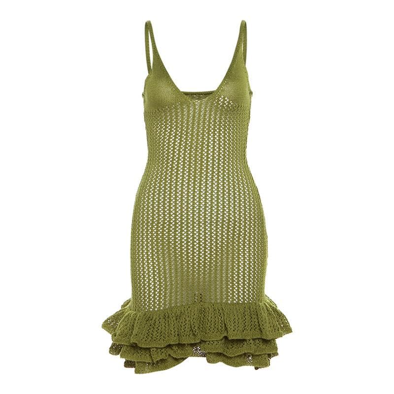 Spaghetti Strap V-Neck Crochet Pointelle Ruffle Lettuce Hem Mini Dress 2