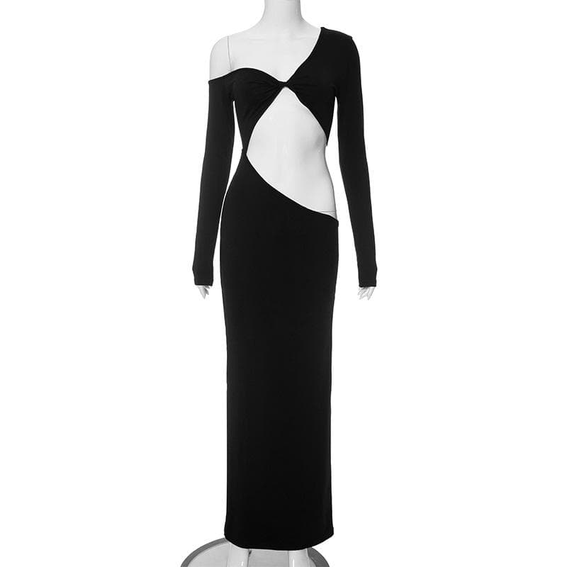 One Shoulder Long Sleeve Twist Front Teardrop Waist Cutout Bodycon Maxi Dress 2