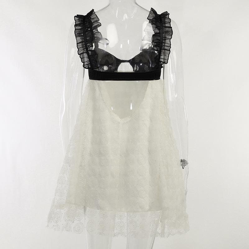 Contrast Bustier Ruffle Strap Babydoll Floral Mesh Mini Dress 4