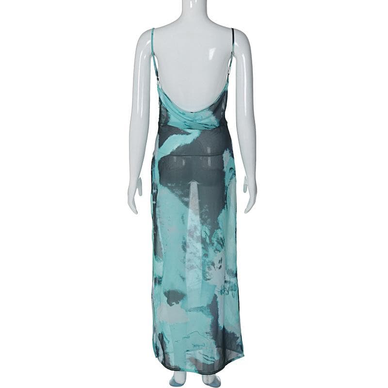 Abstract Tie Dye Print Cowl Neck Spaghetti Strap High Slit Maxi Dress 4