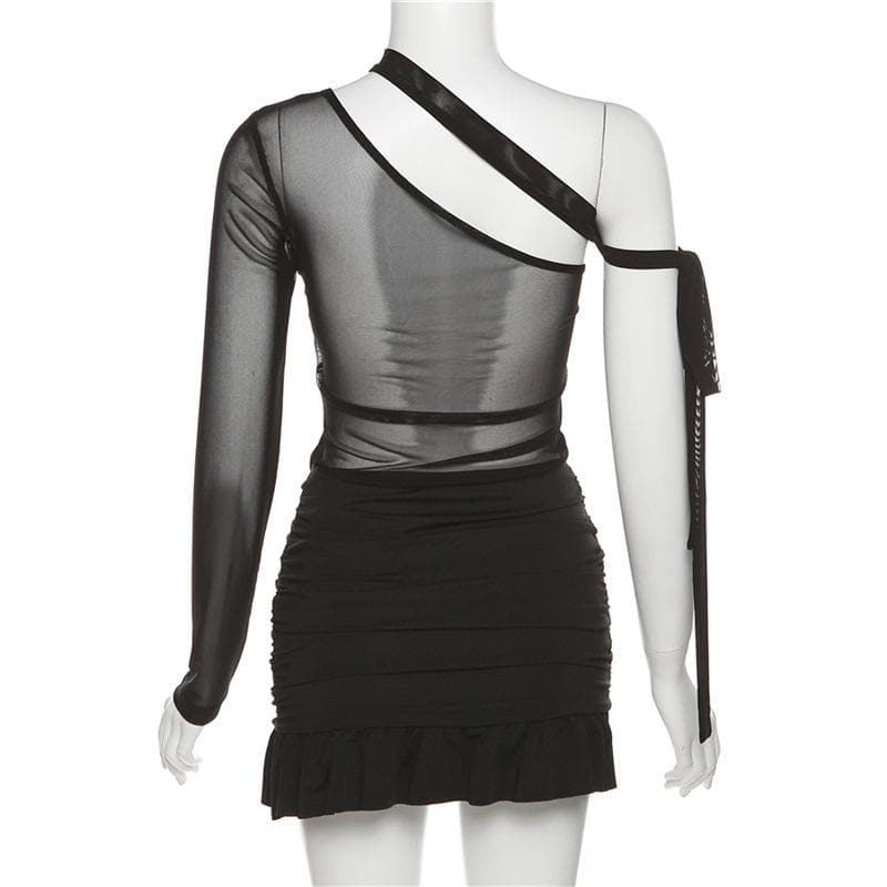 One Shoulder Mesh Bodice Metal Buckle Ruched Low Rise Ruffle Hem Mini Dress 4