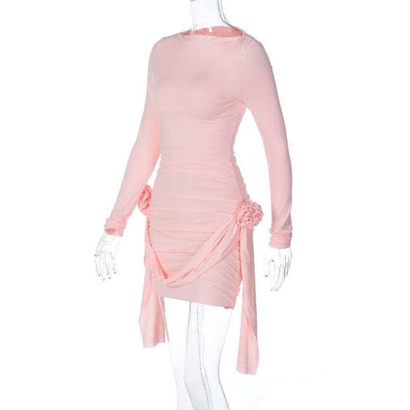 Flower Applique Ribbon Trim Ruched Long Sleeve Mini Dress 4