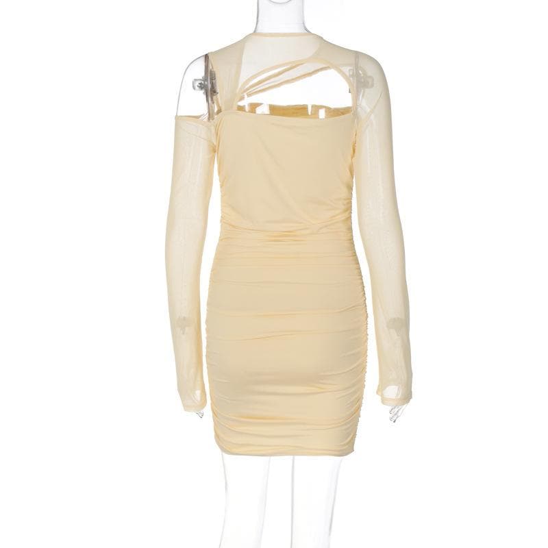 Asymmetric Cutout Crisscross Strap Ruched Mesh Long Sleeve Mini Dress 3