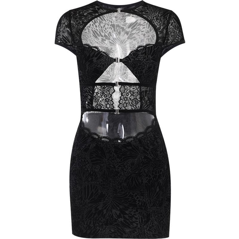 Flocked Butterfly Lace Cutout Buckle Bodycon Mini Dress 2