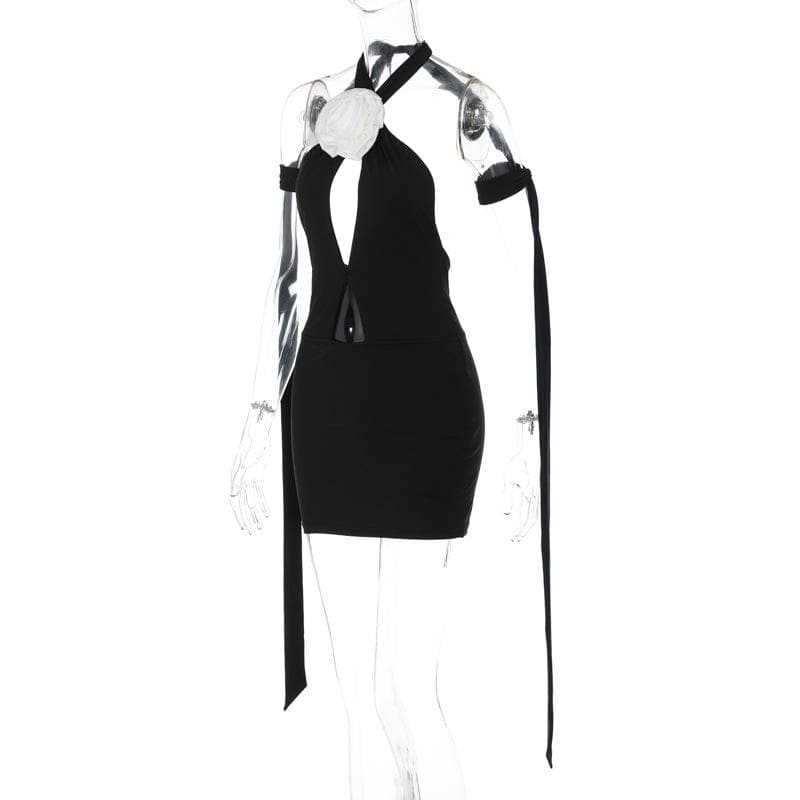 Flower Applique Halter Neck Cutout Cross Waist Bodycon Mini Dress 3
