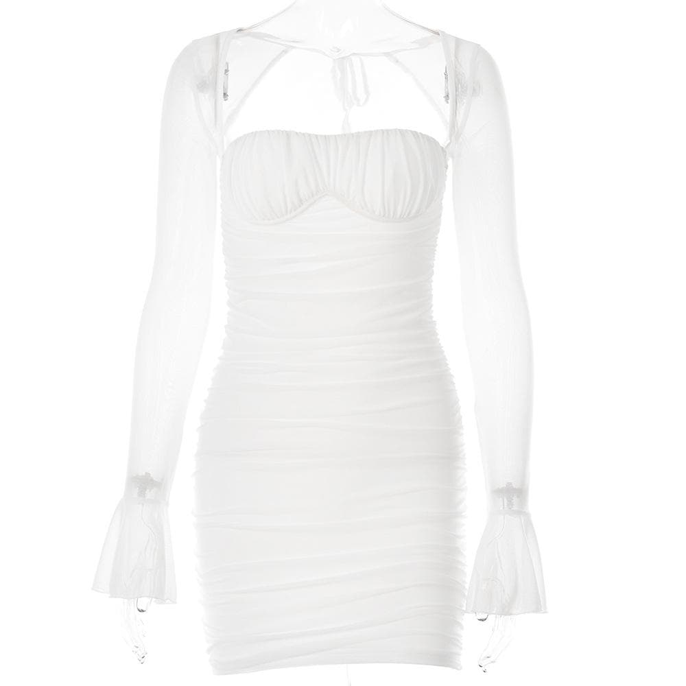 Square Neck Sweetheart Bust Ruched Mesh Bell Sleeve Mini Dress 3