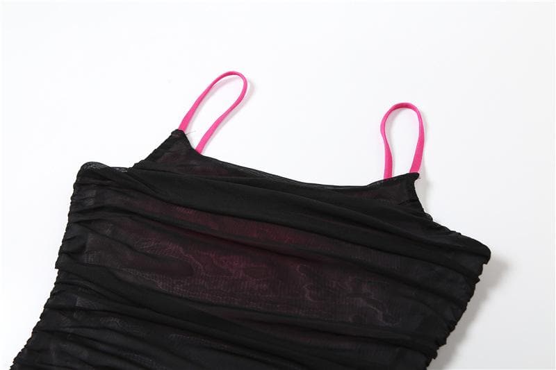 Contrast Ruched Mesh Square Neck Spaghetti Strap Cami Mini Dress 5