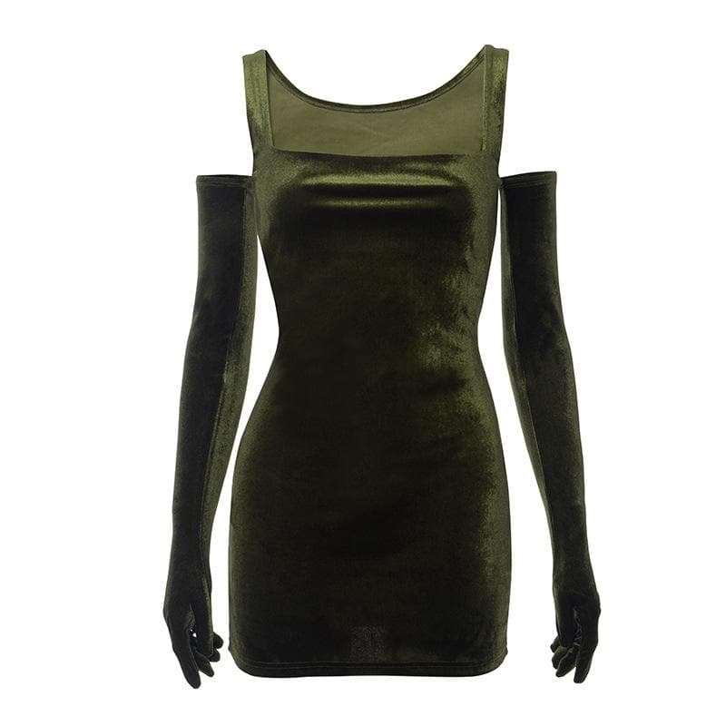 Square Neck Velvet Mini Dress With Long Gloves Set