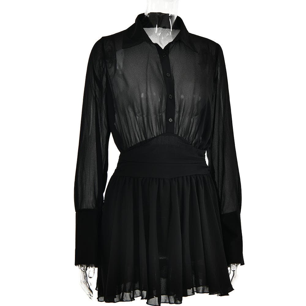 Spread Collar Deep V Ruched Waist Ruffled Cuff Mini Dress 5