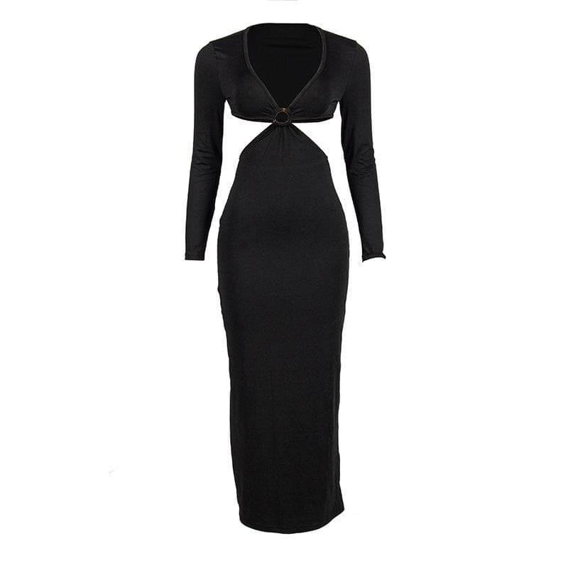 O-Ring Waist Cutout Deep V-Neck Long Sleeve Maxi Dress 2