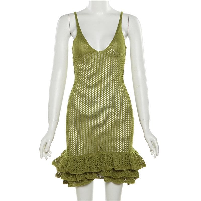 Spaghetti Strap V-Neck Crochet Pointelle Ruffle Lettuce Hem Mini Dress 3