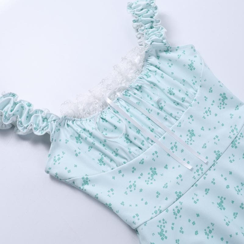 Square Neck Lace Trim Ribbon Bow Ruffle Strap Ditsy Floral Mini Dress 5