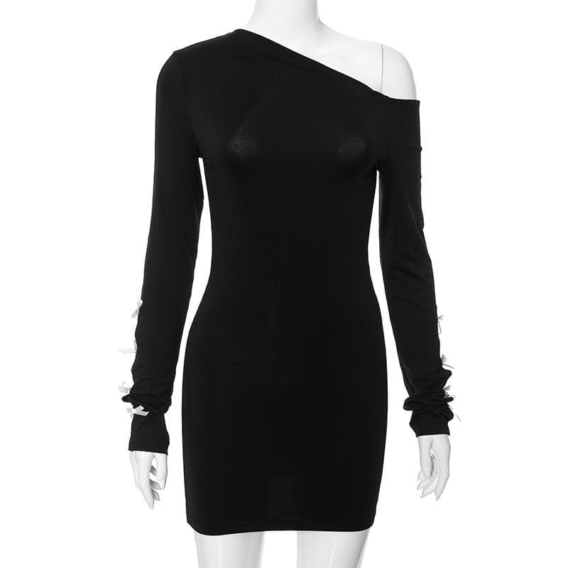 One Shoulder Bow Tie Slit Sleeve Long Sleeve Hollow Out Mini Dress 4
