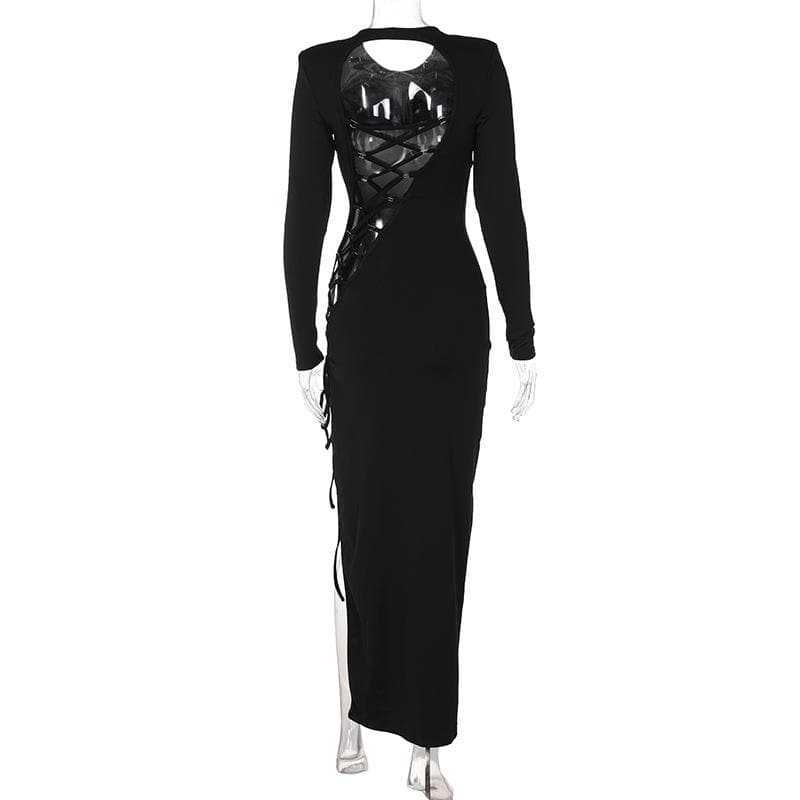 High Neck Chest Cutout Lace Up Side Slit Bodycon Maxi Dress 3