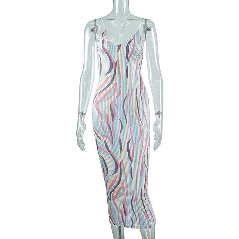 Spaghetti Strap Crossover Strap Abstract Pinstripe Print Bodycon Midi Dress 3
