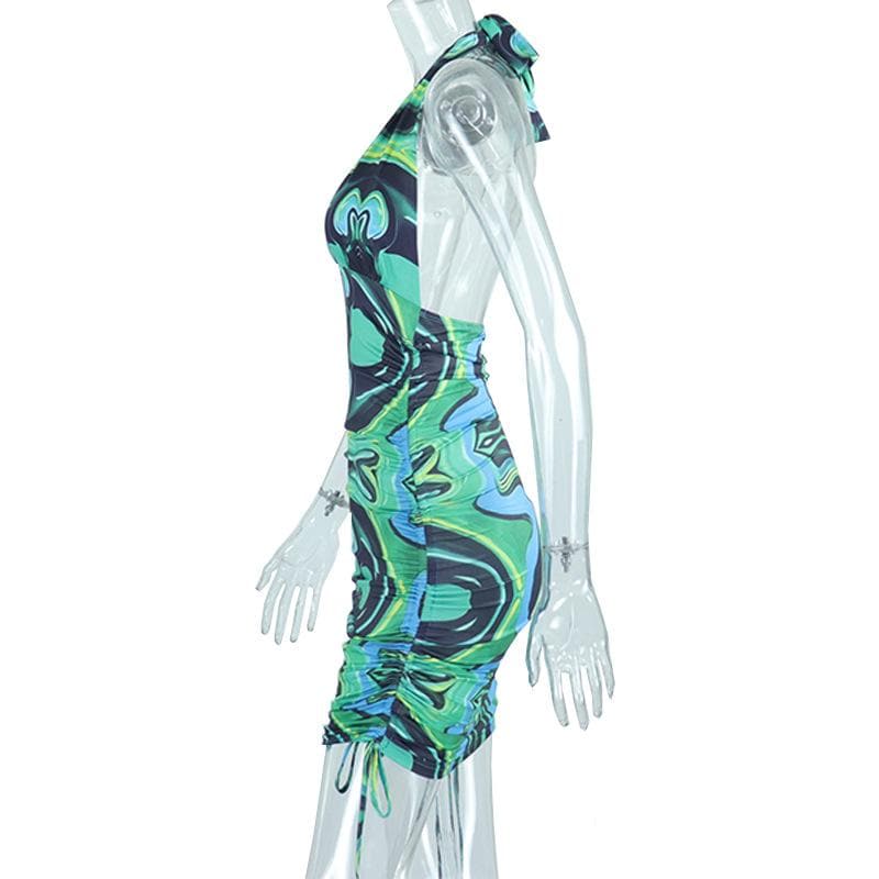 Halter V-Neck Abstract Swirl Print Side Drawstring Ruched Mini Dress 3