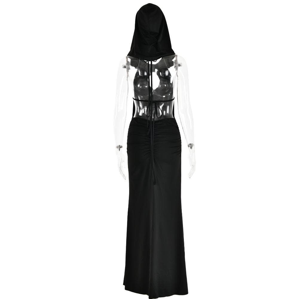 Hooded Halter Keyhole Sleeveless Ruched Hip Maxi Dress 4