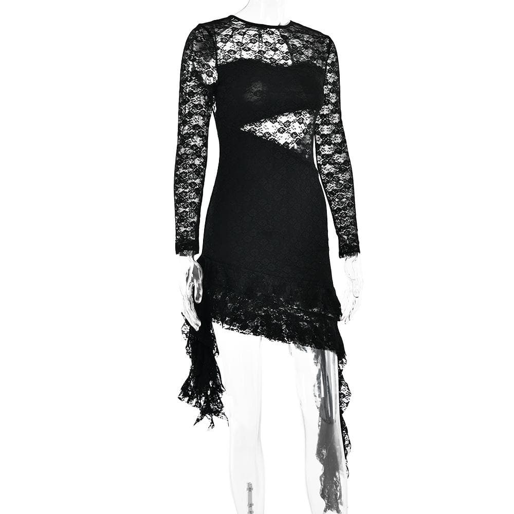 Lace Sweetheart Cutout Long Sleeve Asymmetric Ruffle Hem Mini Dress 4