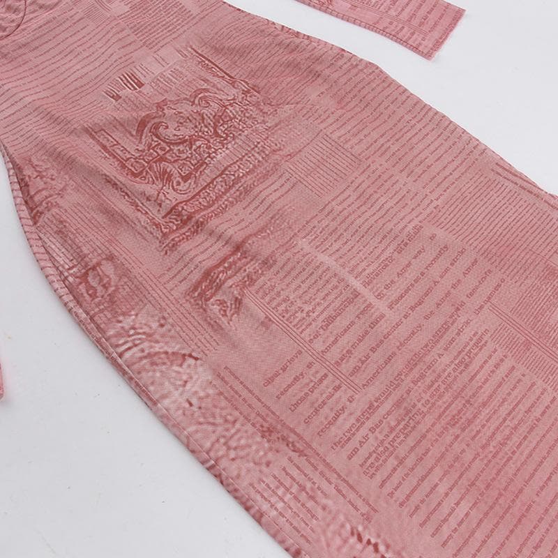 Lace Trim Square Neck Long Sleeve Newspaper Print Bodycon Midi Dress 6