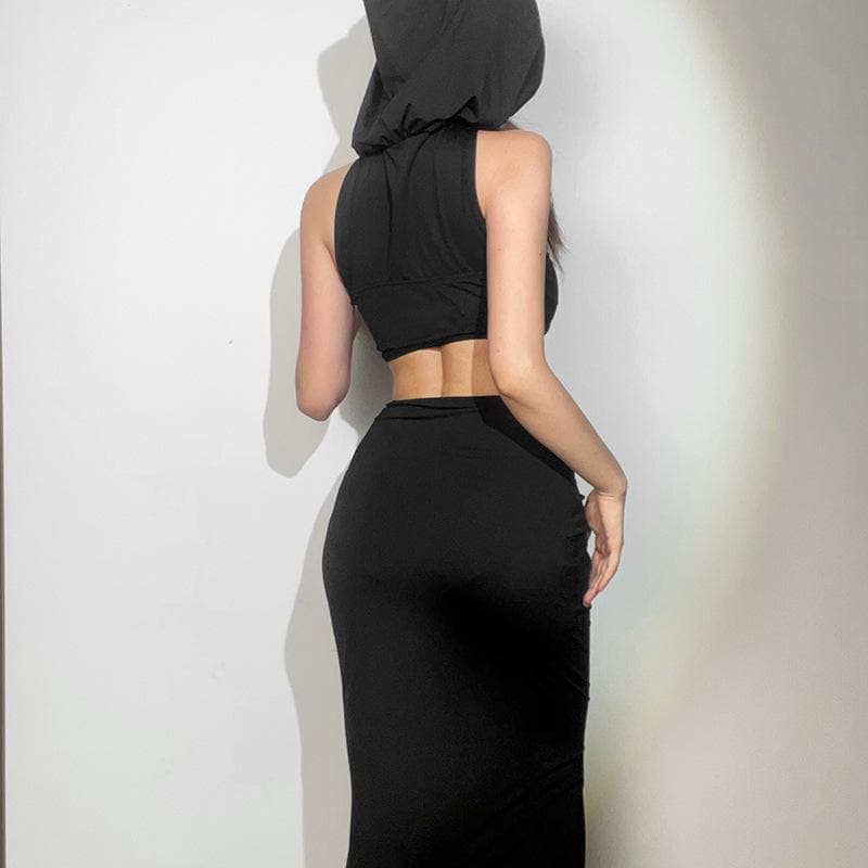 Hooded Sweetheart Criss Cross Midriff Cutout Ruched Bodycon Maxi Dress 3