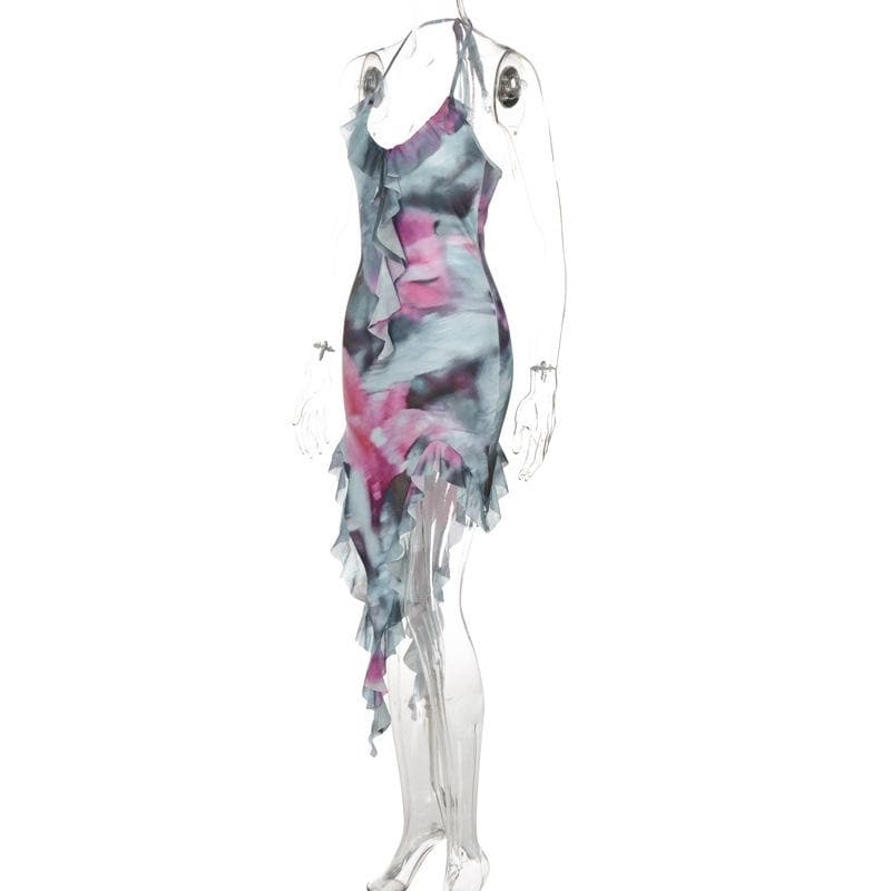 Tie-Dye Print Halter Ruffle Trim Asymmetrical Handkerchief Hem Mini Dress 3