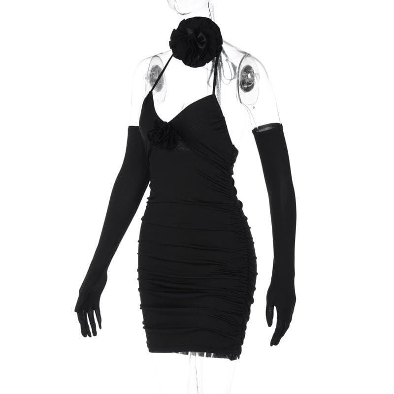 Sweetheart Halter Neck 3D Floral Applique Ruched Bodycon Mini Dress 3
