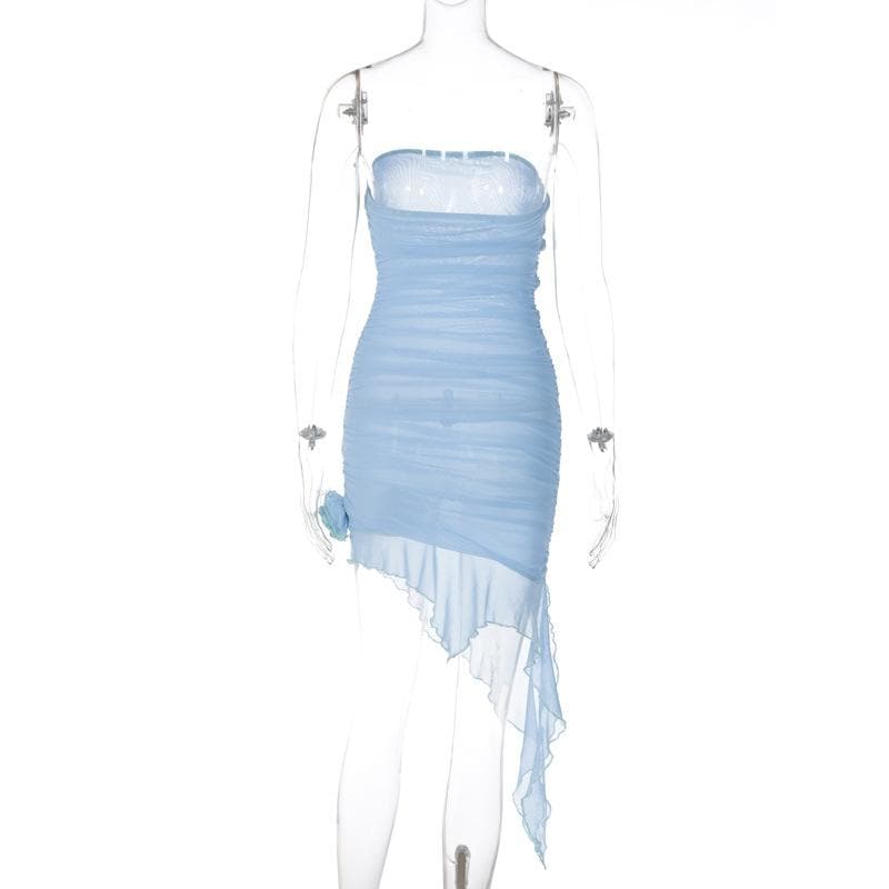 Strapless Ruched Mesh Rosette Asymmetric Hem Mini Dress 10