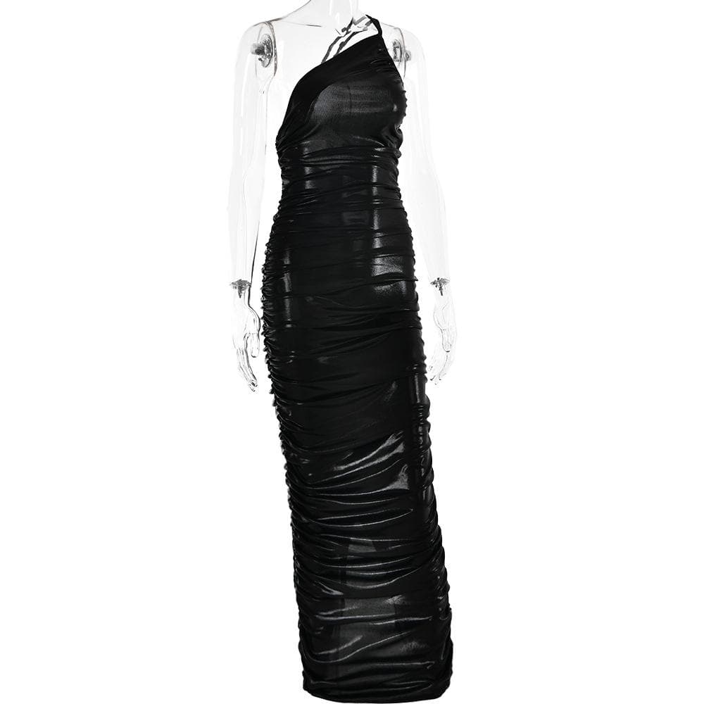 One Shoulder Asymmetric Neck Side Seam Ruched Zip Detail Floor Length Maxi Dress 5