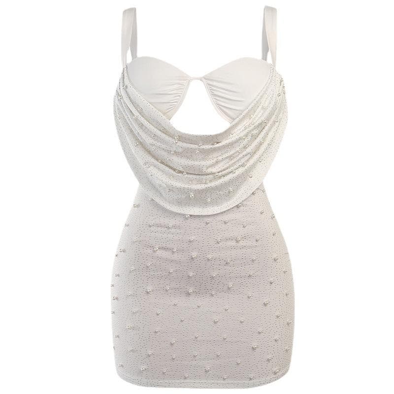 Cowl Overlay Sweetheart Cutout Rhinestone Pearl Beaded Sleeveless Mini Dress 2