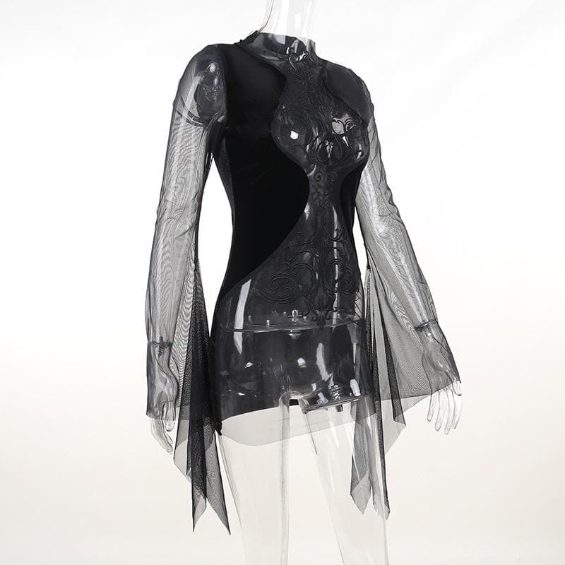 Velvet Flocked Mesh Mock Neck Bell Sleeve Gothic Mini Dress 4
