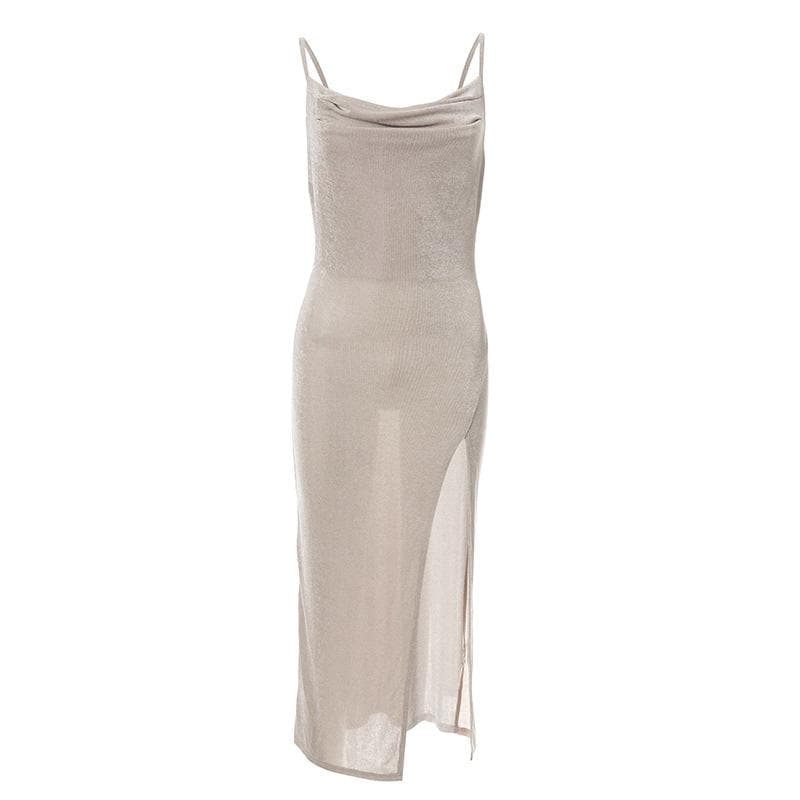 Cowl Neck Spaghetti Strap Ruched Waist High Slit Bodycon Maxi Dress 4